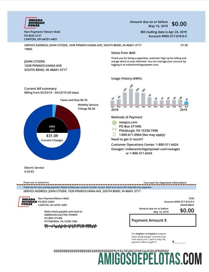 Para baixar modelo de conta de serviços públicos de eletricidade dos EUA Indiana em formato Word e PDF (.doc e .pdf)